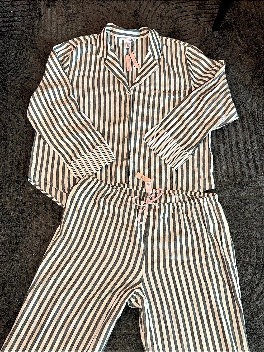 Victoria's Secret Signature Long Pajama Set Striped Gray & White XL
